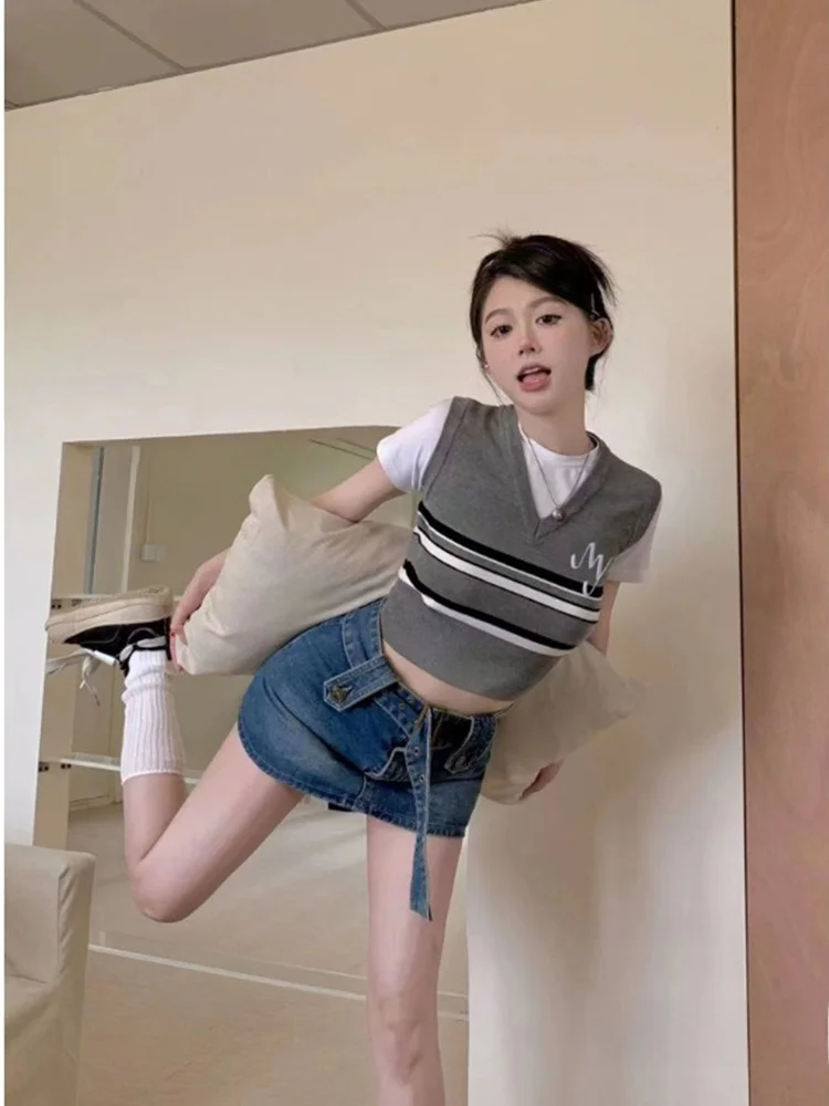

Slim Fit ort Sve Knitted T-irt Women's Summer New Sle College Sle Top Low round Ne Korean Version Commute Sle