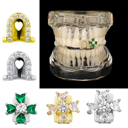 TOPGRILLZ Single/Double Hollow Zircon Teeth Grillz 14K Gold Plated CZ Stone Green Flower Design Tooth Caps For Women Jewelry
