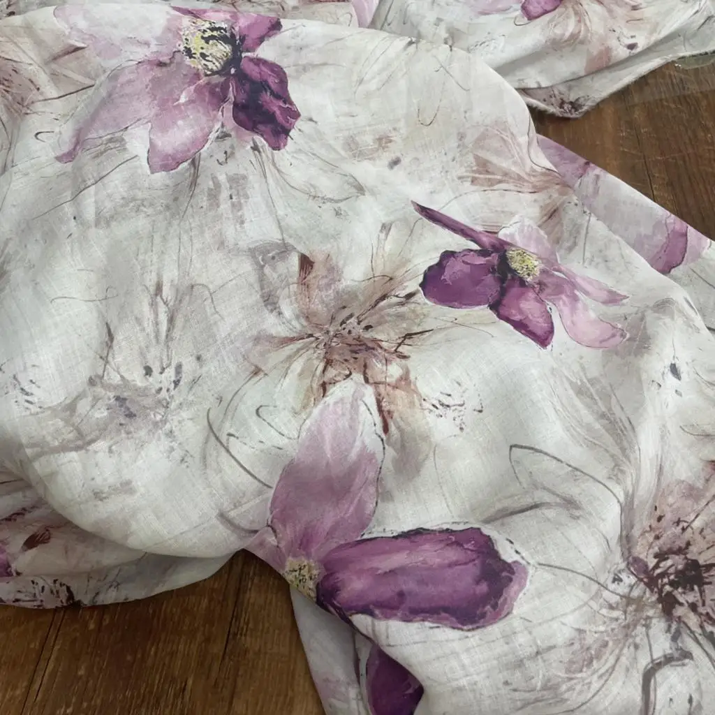 High quality new ramie patchwork Purple flowers digital printing telas Breathable and fashionable clothing skirt fabric