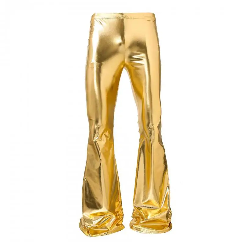 Shiny Gold Flare Pants for Men Metallic Bell Bottom Trousers with Gloss Finish Retro Disco Stage Wear for Party Club Night Wear