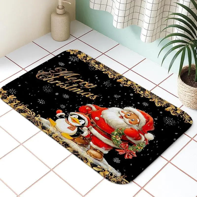 VIKAMA Christmas Flannel Door Mat Santa Penguin Gold Ornate Border Print Non Slip Mat For Front Door Porch Entry Home Decor