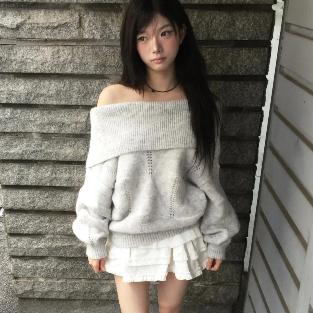 Maglieria da donna coreana Sle Chic scava fuori una spalla lunga Sve taglio dritto pendolarismo Sle Casual autunno inverno Top