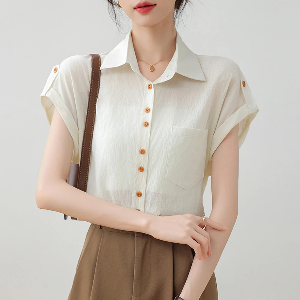Women Summer Style Cotton Blouses Shirt Vintage Simple Solid Lady Casual Short Sleeve Turn-down Collar  Casual Loose Tops