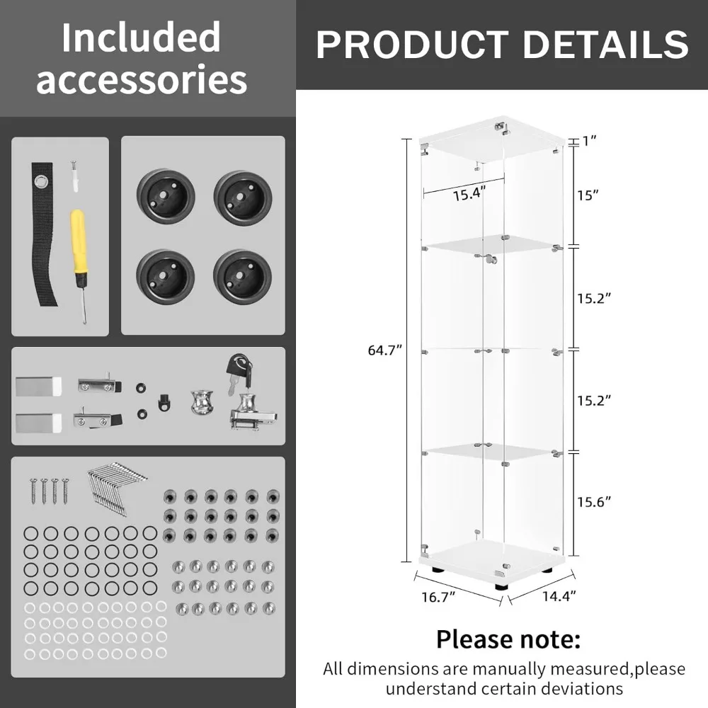 Glass Display Cabinet 4-Shelf With Door and Lock Cabinets for Living Room Furniture Living Room 64”x 17”x 14” White Showcase