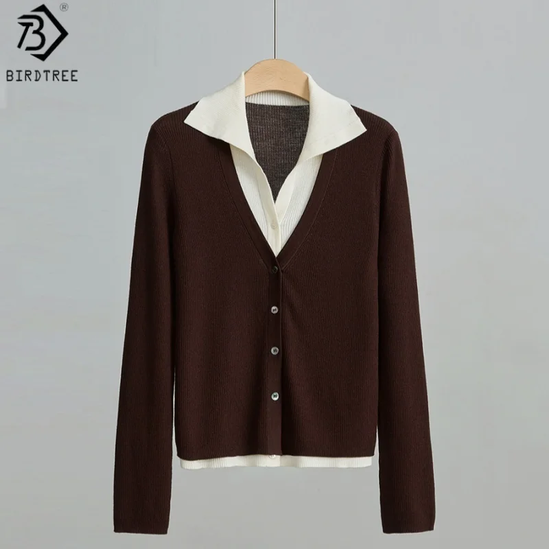 Birdtree, 75% Wool 25% Silk Cardigan, Lapel Full Sleeve Tops, Fake Two‑piece, Women's Knitted Single Breasted Coat T69122JF