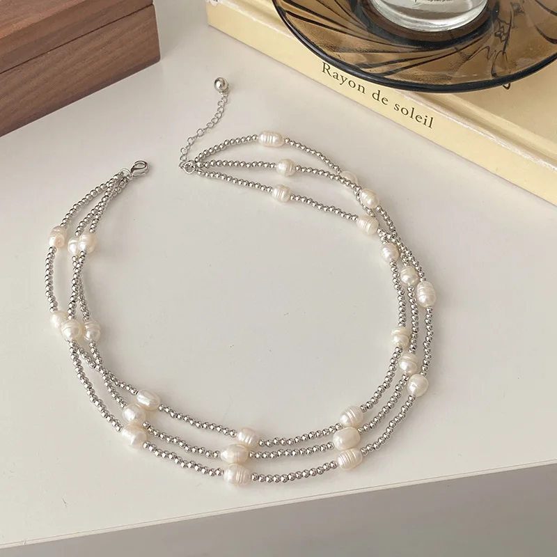 

New Arrival Natural Baroque Freshwater Pearl Trendy Stainless Steel Female Three Layers Chains Necklace Jewelry For Women Gifts