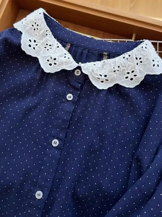Deep Blue Polka Dot Pure Cotton Casual Loose ort Sve irt Women's Summer Comfortable Versatile Lace Collar Loose Fit irt