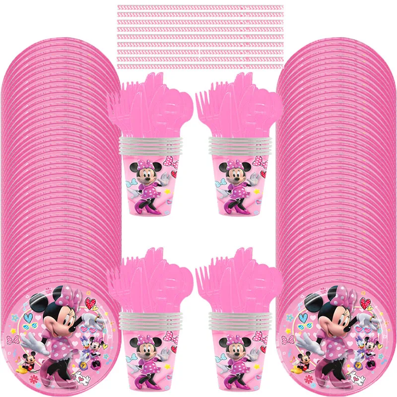 

Minnie Mouse party Disposable tableware set for Kids Birthday Party Supplies Paper Plate Cup Napkin Flag Girl Pink Wedding decor