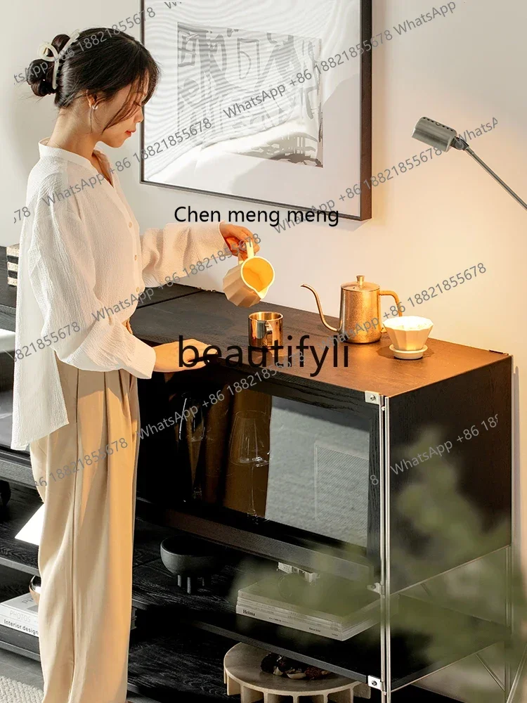 S7486teae Black display cabinet solid wood flap door storage, simple storage side cabinet, shelf