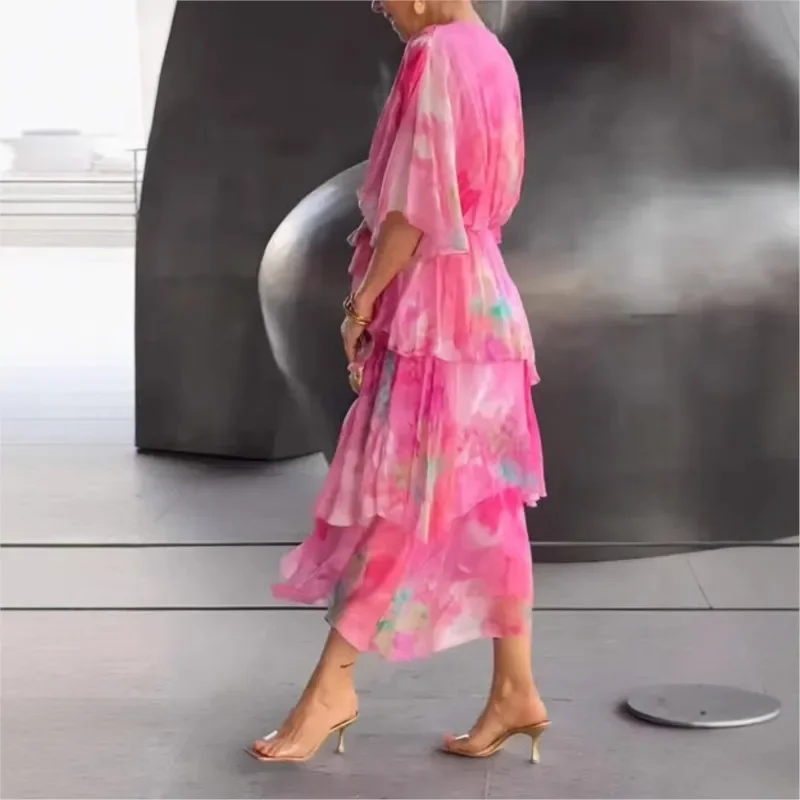 Verão novo elegante vestido de chiffon feminino moda impresso com decote em v manga curta em camadas plissado solto rendas saia longa