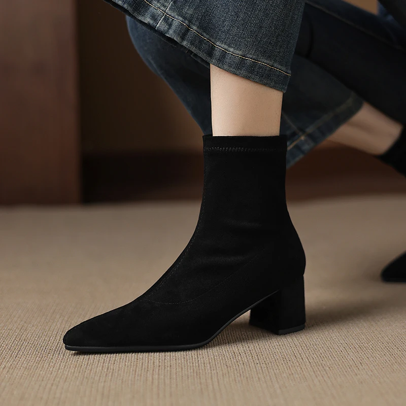 2026 new autumn winter women ankle boots 22-24.5cm stretch flannel pointed toe modern boots side zip heel Skinny boots fashion