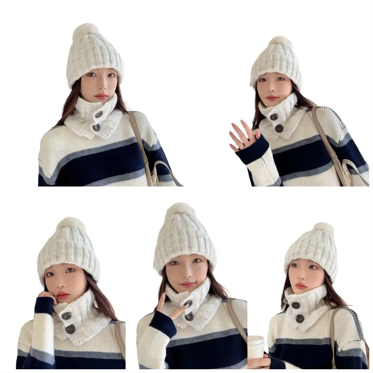 2PCS Set Winter Knitted Hat Snood Collar Two-piece Set Women Warm Neck Scarf With Button for Men Beanie Skullies With Pompon Set