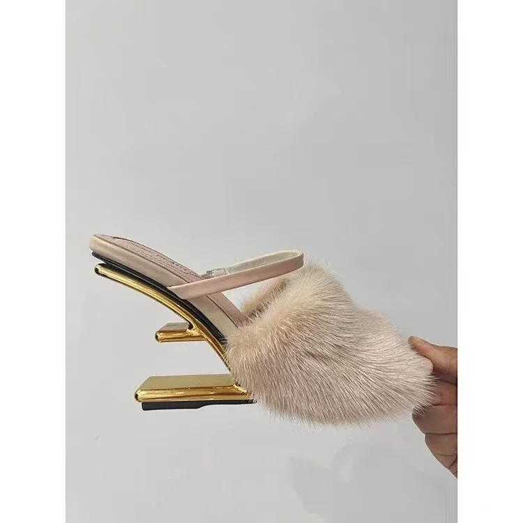 2024 New Mink Hair Sandals for Women with Fish Mouth and Irregular Heel Slippers for Women with Fur and Fur High Heels