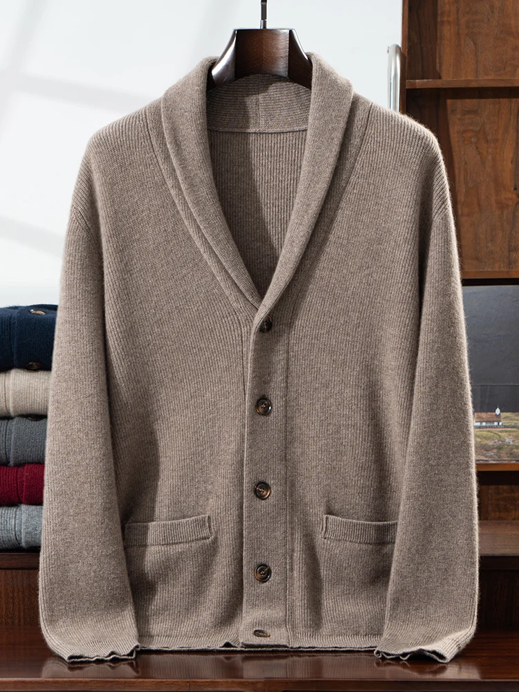 Autumn Winter Men Pure Cashmere Cardigan Sweater V-neck Shawl Collar Single Breasted Soild Smart Casual Knit Waistcoat High-end