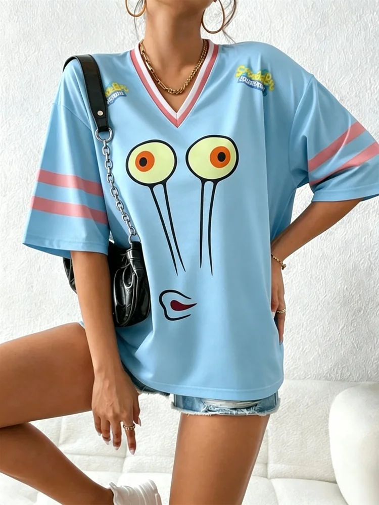 2026 Cartoon SpongeBob 3D Print T-shirts Women Summer V-Neck Patchwork Short Sleeve Sports Football Jersey Top Family Kids Tees