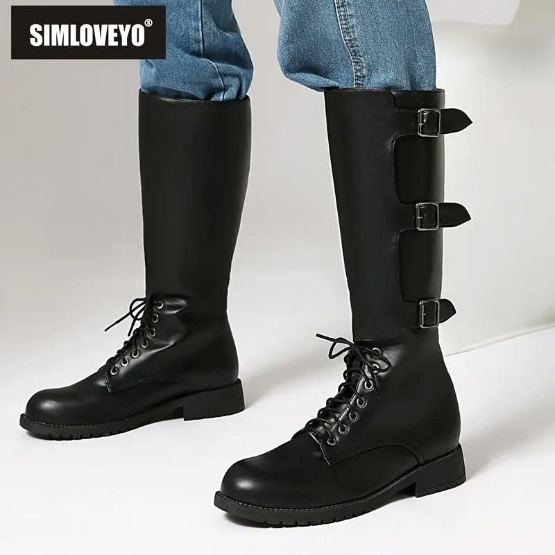 

SIMLOVEYO Winter New Casual Women's Mid-Calf Boots Round Toe 3cm Thick Heels Zipper Big Sizes 43-49 Retro Style Black Brown