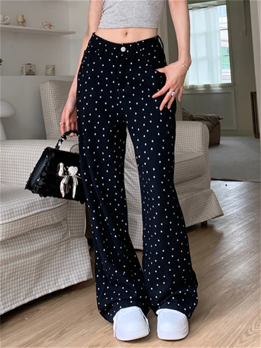 PLAMTEE Black Jeans Women Polka Dots Loose Summer Denim 2024 New Slim Chic Casual Straight Wide Leg All Match Mopping Pants