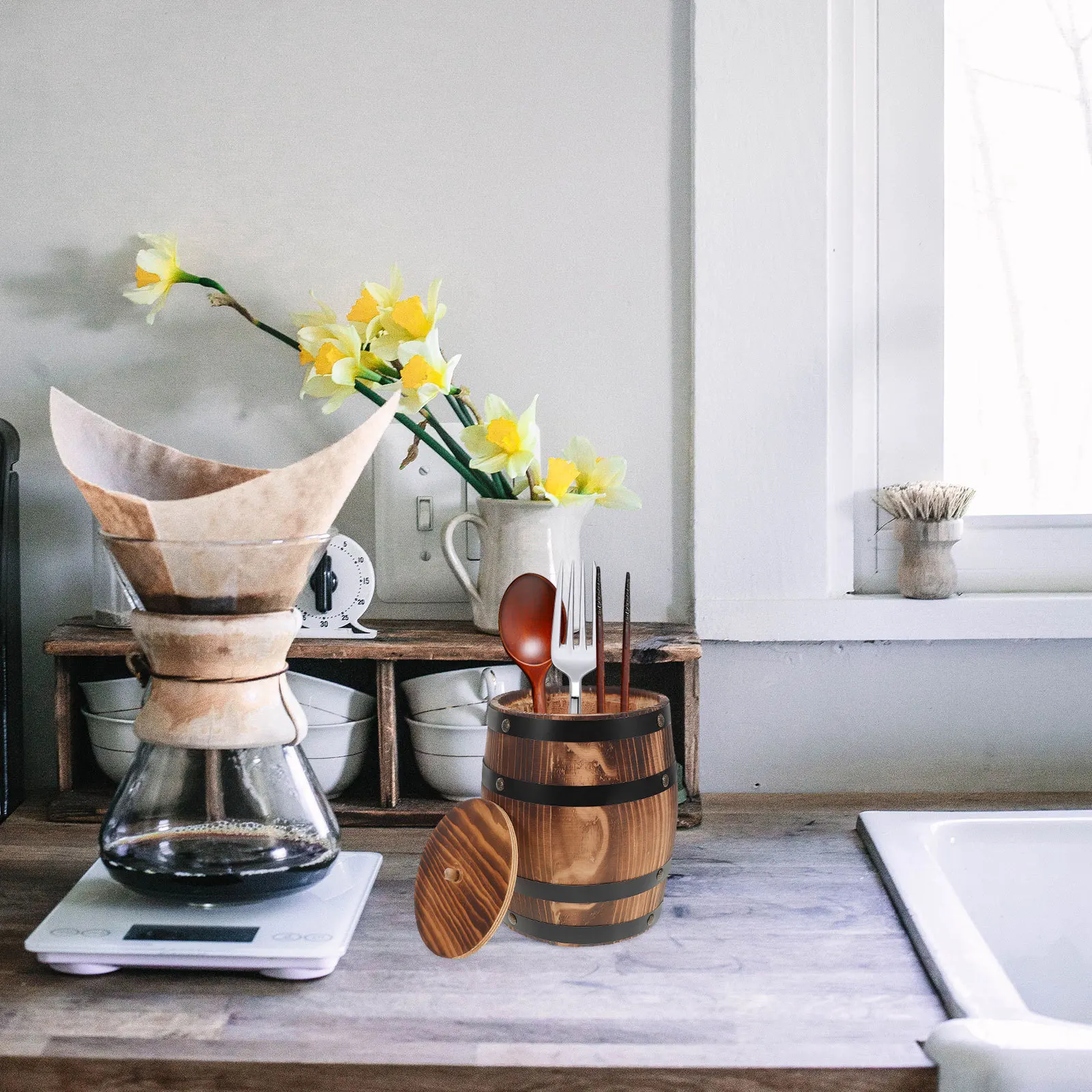 

Carbonized Wood Utensil Holder Vintage Design Rustic Desktop Storage Bucket Cutlery Forks Spoons Chopsticks Organizer