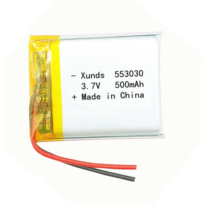 แบตเตอรี่ลิเธียมลิเธียมลิเธียมลิเธียมลิเธียมลิเธียม553030ลิเธียมแบบชาร์จไฟได้สำหรับจีพีเอส MP3 MP4ของเล่น DVD ไฟ LED หูฟังบลูทูธแบบครอบหัว3.7V 500mAh