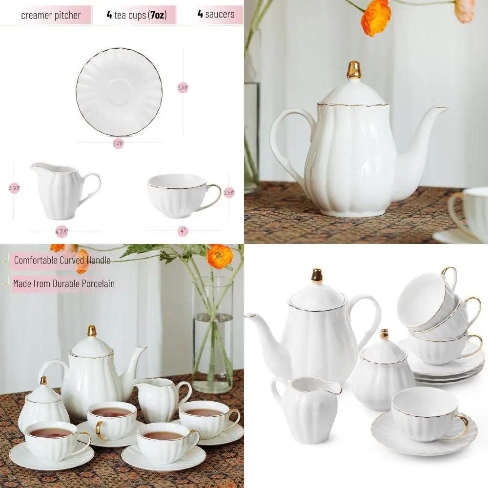 

Классический фарфоровый чайный сервиз из 13 предметов: чашки 7 унций, чайник 32 унции, молочник, сахарница, белые аксессуары для чая