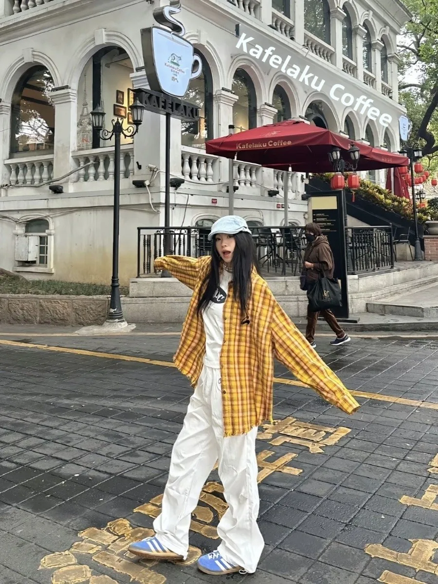 

American Retro Dopane Yellow Plaid irt Jaet Loose Casual ex Spring Summer Frayed Design Men's Women's Top