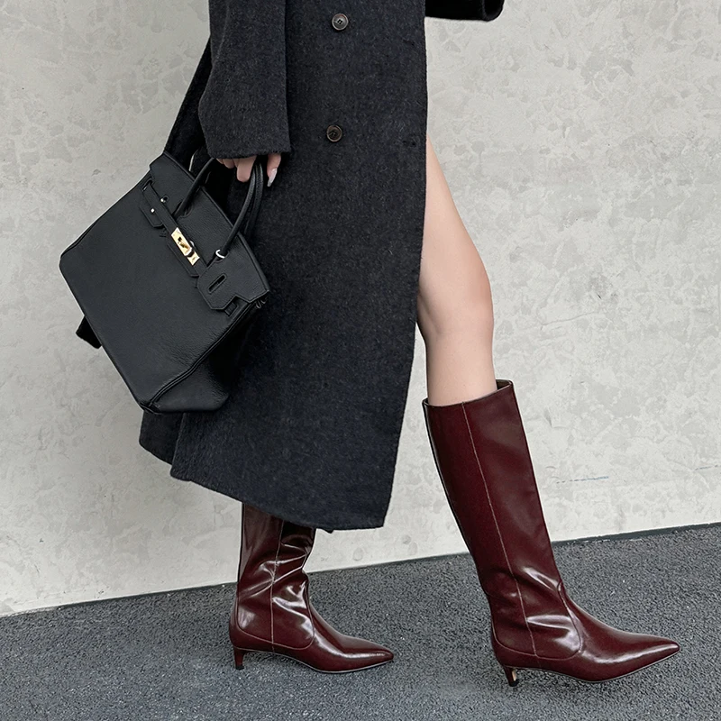 JOZHAMTA Size 34-40 Women Knee Boots Real Leather Kitten Heels Shoes Fall Winter 2025 Long Tall Boots Casual Daily Office Dress