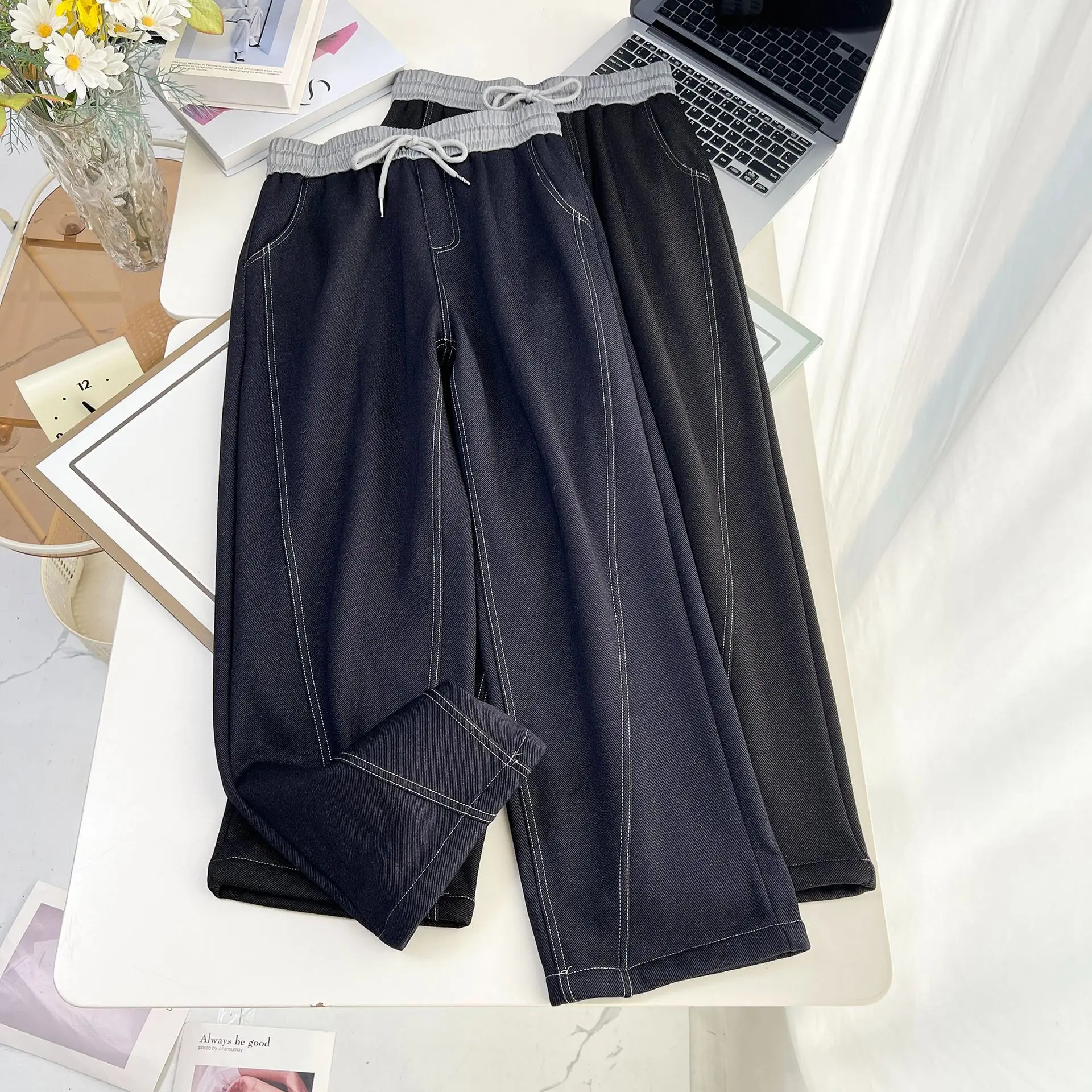 XXXXL موضة حجم كبير المرأة السراويل المستقيمة الشتاء نمط جديد عادية الصوف الدافئة منحني بنطلون 26003