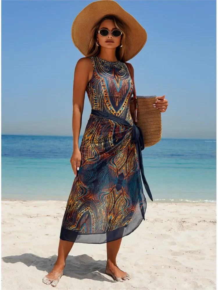 Retro Bikini Printed Fashion One Piece Swimsuit And Cover Up With Skirt Tight Women's Bandage Summer Beach Luxury Elegant 2025