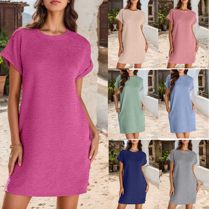Vestido de manga corta de Color sólido con bolsillo y cuello redondo suelto para mujer novedad de verano vestido Midi