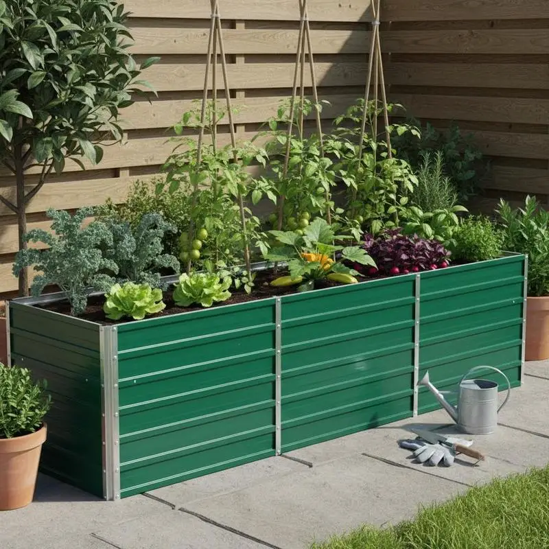 Lit surélevé vert en acier galvanisé 240x40x77 cm avec fond ouvert pour un drainage optimal. Résistant aux intempéries, grand volume de terre pour légumes, herbes et fleurs, montage simple pour tous les espaces extérieurs.