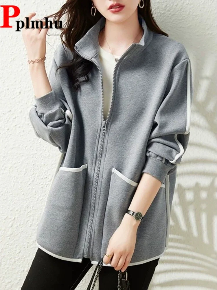 

Cotton Velvet Stand-Up Collar Jackets Women's Casual Contrasting Colors Zipper Coat Baggy Fashion Sports Cardigan Chaquetas