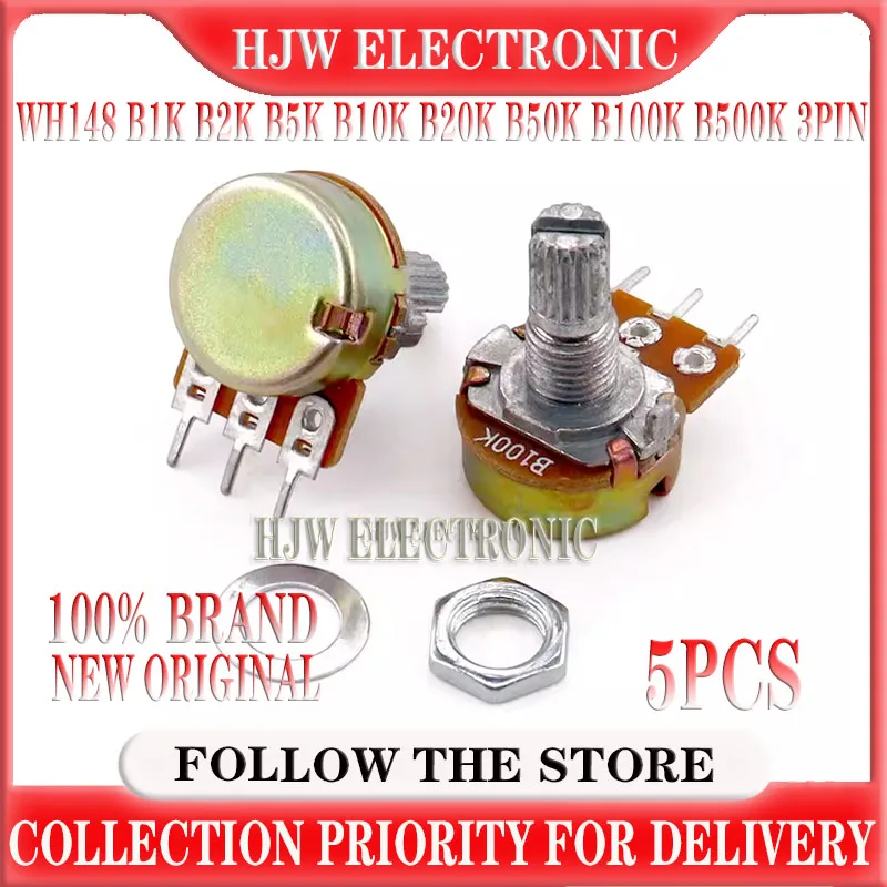 5pcs WH148 B1K B2K B5K B10K B20K B50K B100K B500K 3Pin 15mm Shaft Amplifier Dual Stereo Potentiometer 1K 2K 5K 10K 50K 100K 500K