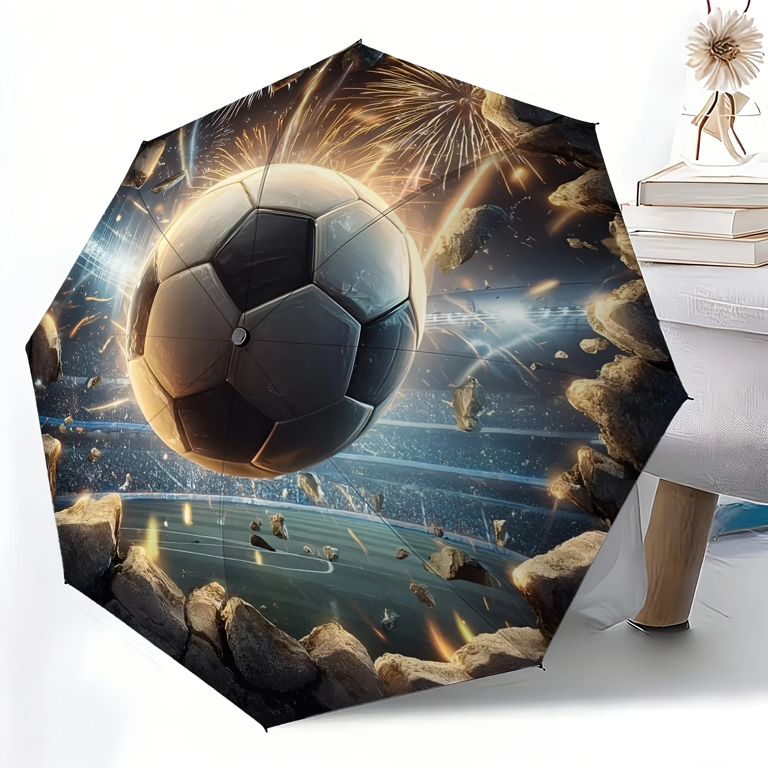 

1 шт. Портативный складной зонт для дома и улицы, с прочной железной каркасной конструкцией, в стиле футбольного мяча, с эффектом пламени, устойчивый к ветру.