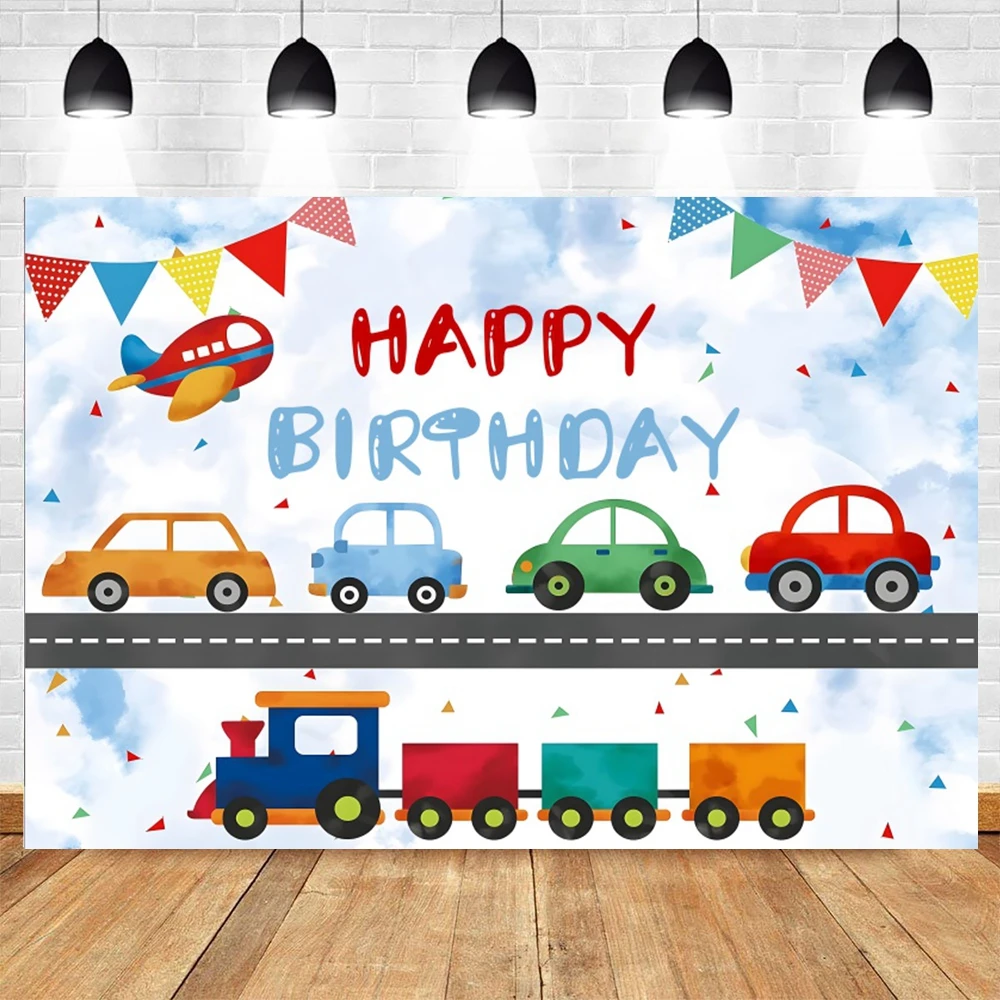 วันเกิดเด็กเครื่องบินฉากหลังเครื่องบินผจญภัยรถ Hot air บอลลูนเมฆ Baby Shower Birthday Party ภาพพื้นหลังสตูดิโอ