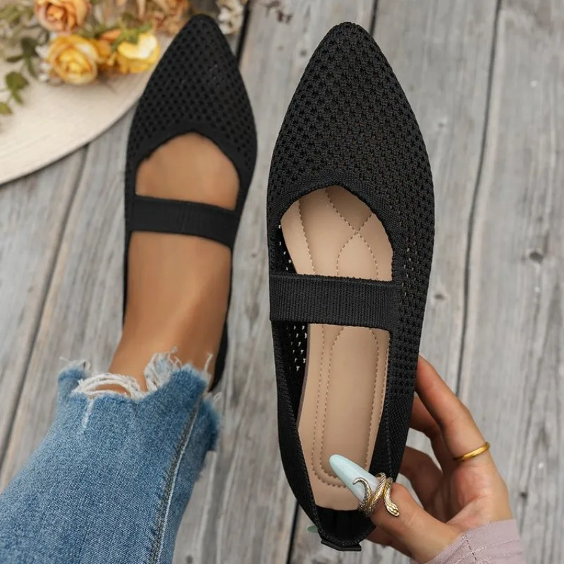 Women's Casual Shoes Pointed Toe Slip-On Flats Knit-Look Textured Finish Mary Jane Design Single Instep Strap Everyday Footwear