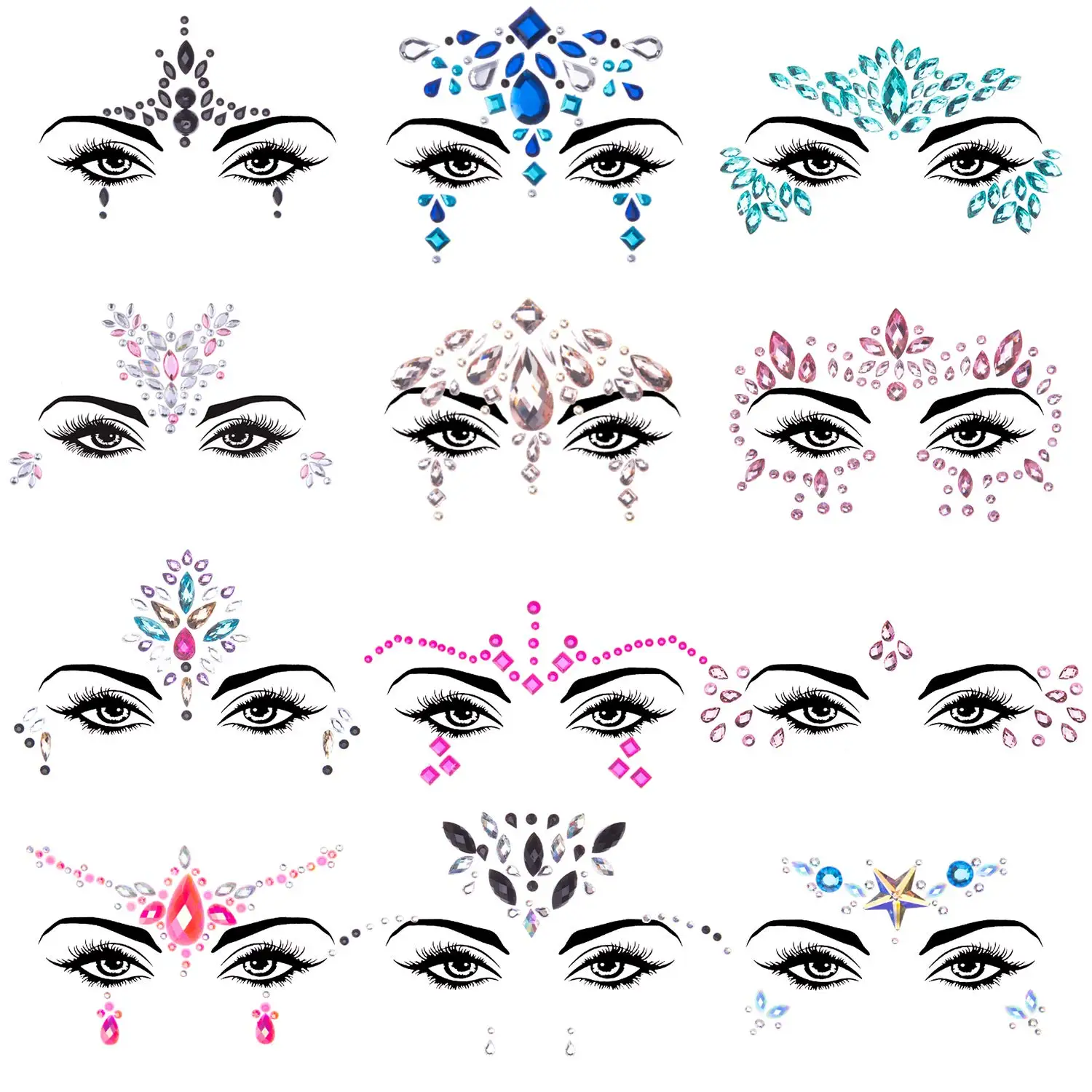 Temporary Tattoos for Party, Face Jewels, Mermaid Face Gems, Crystal Tear Gems, Stones for Race Carnival, Festival, 5 Sets