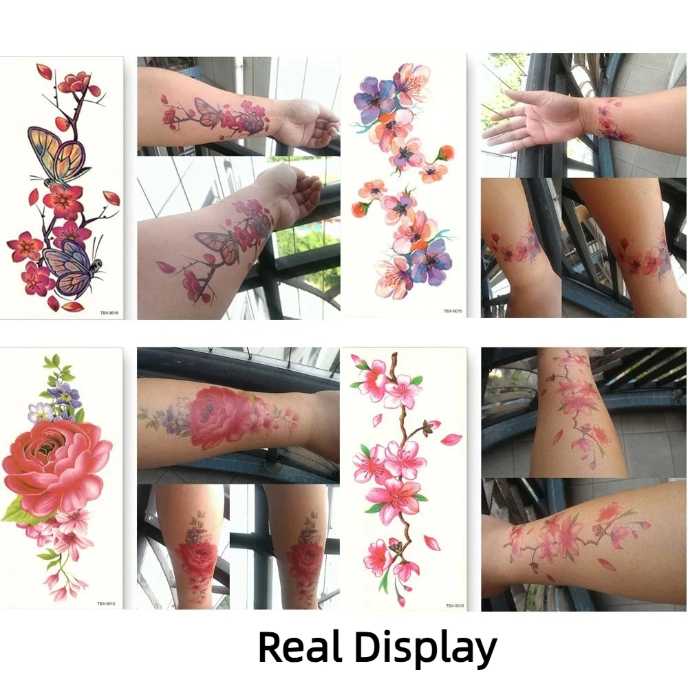 Rose Butterfly Flower Temporary Tattoo Stickers Waterproof 3D Texture Butterfly Tattoo Stickers Lotus Green Leaf Long Lasting