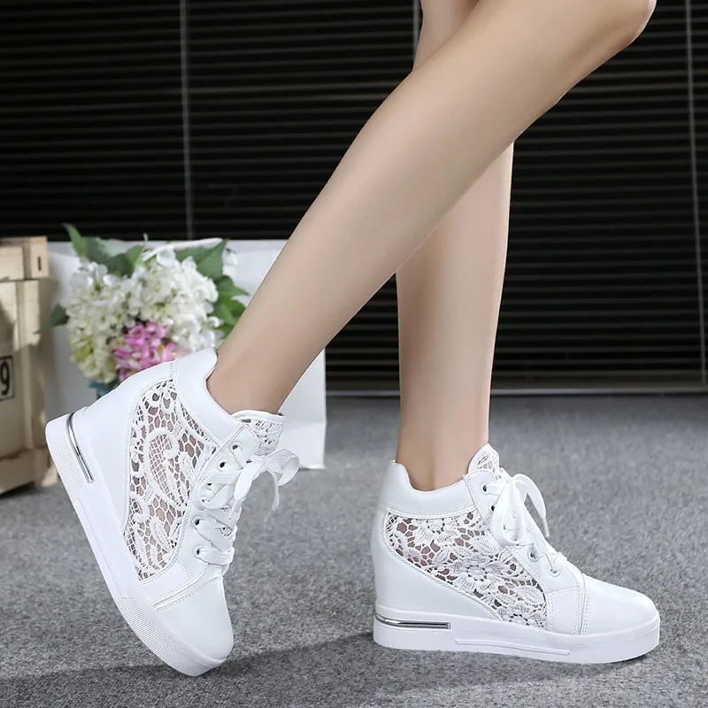 Summer Women Lace Casual Shoes Woman Breathable Mesh Sneakers Flats Lace  High Heels Platform Wedges Ladies