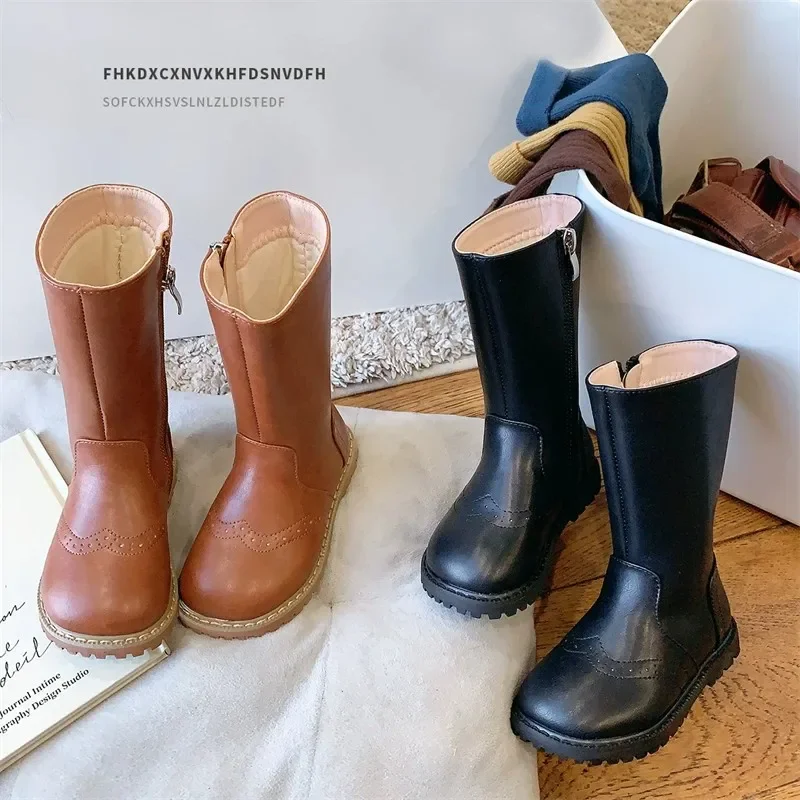 Fall girl's retro mid-calf boots, with a slightly open design on the upper, side zipper thick-soled anti-slip outdoor boots