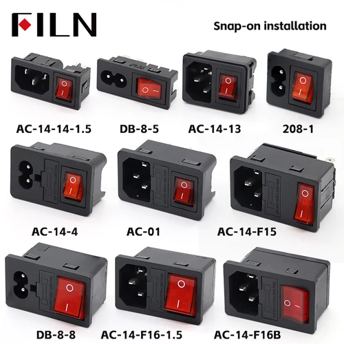 Imagen 2 del producto FILN Red LED IEC320 C14 AC Socket 3 Pin 250V Rocker Switch with 10A Fuse Female Male Inlet Plug Connector 2 Pin Mount