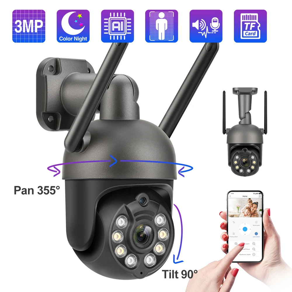 Top 3MP PTZ WiFi IP Camera Outdoor Speed Dome Wireless Camera Auto Tracking AI Human Detection Color Night Vision P2P Audio