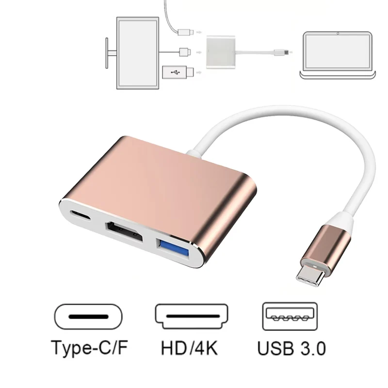 

3 в 1 Type-C HUB USB C к HDMI-совместиму разветвителю 4K HDMI USB 3.0 PD Адаптер для быстрой зарядки для MacBook PC HD Converter Extend