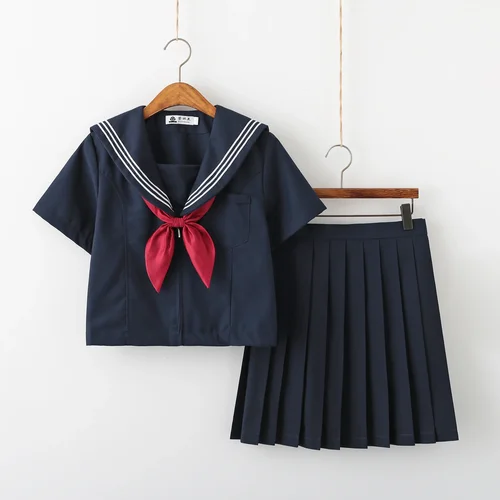 Imagen 2 del producto Uniforme JK azul marino, uniformes escolares japoneses de manga corta/larga para otoño y verano para niñas, Falda plisada de marinero, conjuntos de uniforme JK