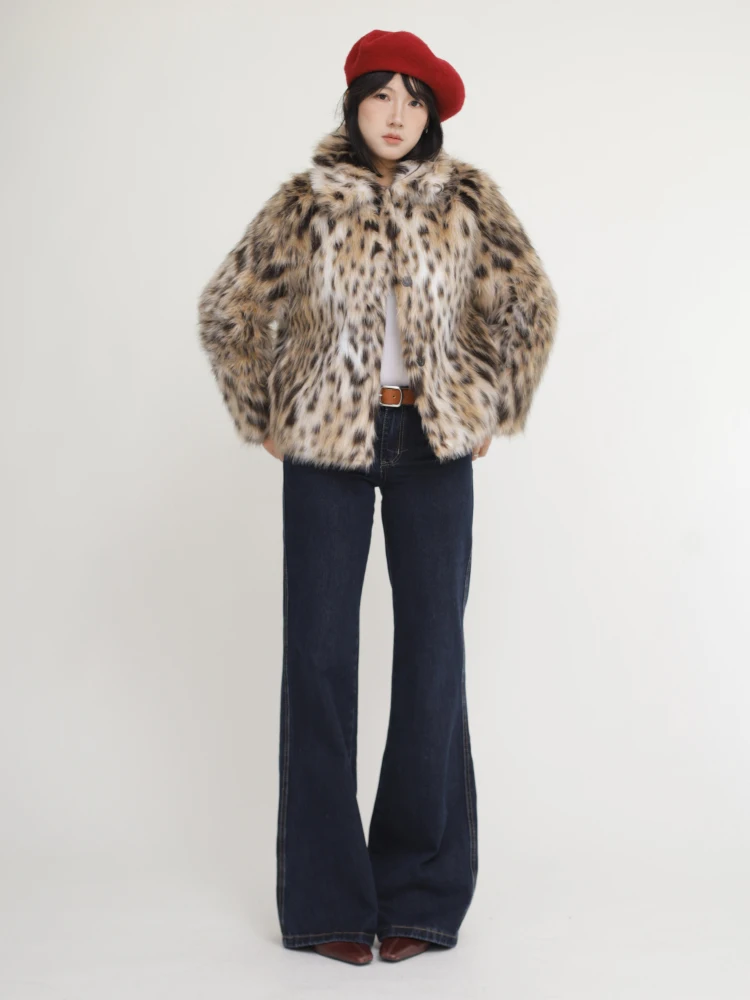 adient Colored Leopard Print Jaet Vintage Patchwork Leather  Buttoned Artificial Fur Coat  Collar Long Sve