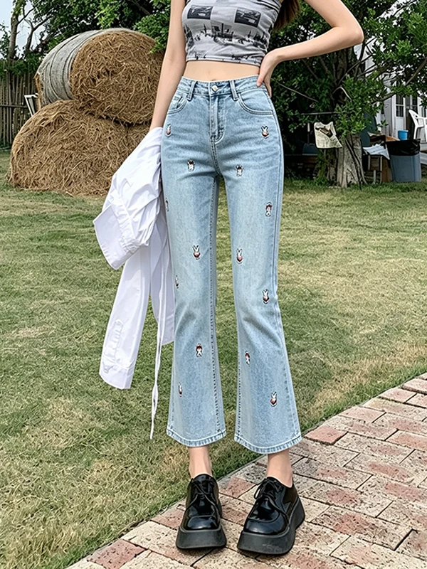 

High Waist Embroidered Cartoon Denim Jeans Women's Summer 2026 Slimming Casual Versatile Micro Flared Nine Point Pants