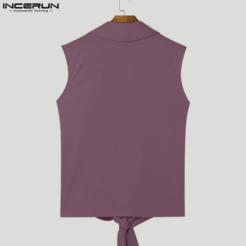 INCERUN Men Shirt Solid Color Lapel Sleeveless Button Casual Men Clothing Lace Up Streetwear 2024 Summer Fashion Camisas S-5XL