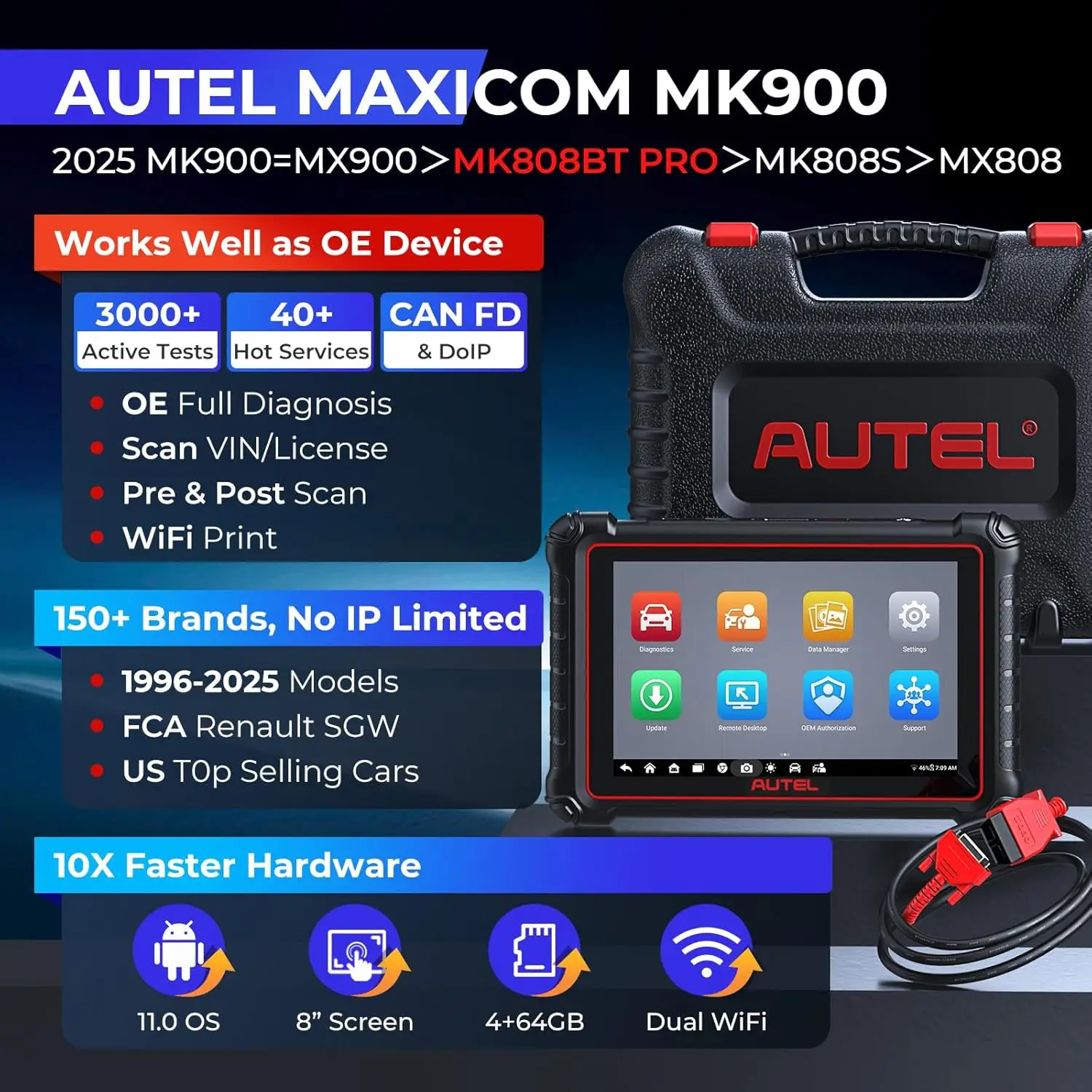 Autel MaxiCOM MK900 Diagnostic Scan Tool All System Active Test OBDII Scanner DoIP CAN FD FCA Autoauth SGW Update of MK808BT PRO view 4
