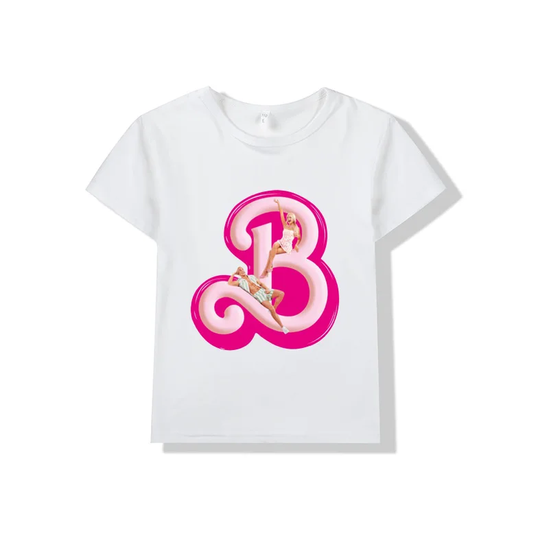 Kawaii Barbie Girls Short-Sleeved Kids Cartoon T-Shirts Summer Fashion Y2K Tops White Tees Versatile High Quality Clothing Gifts