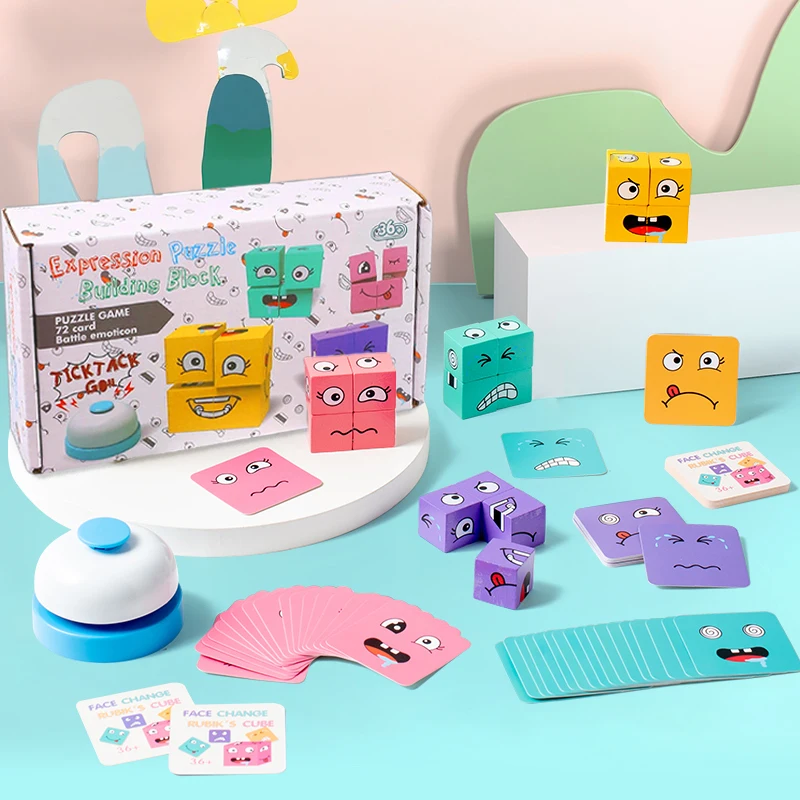 Set di giocattoli da costruzione in legno abbinati alle emozioni da 1 pezzo con biglietti per domande per bambini dai 3 anni in su