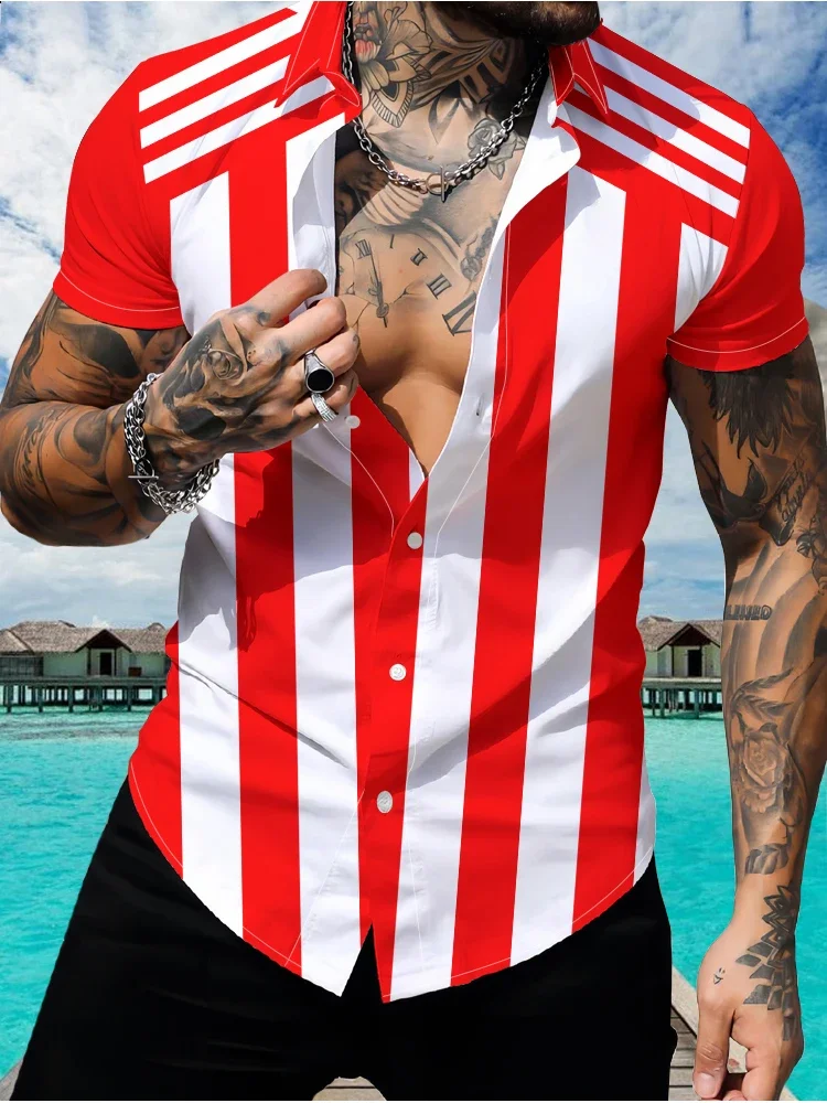 Camisa clásica con estampado Digital 3d a rayas rojas para hombre, camisa de manga corta, suelta, fresca, a la moda, ocio diario en el hogar, suave, Verano